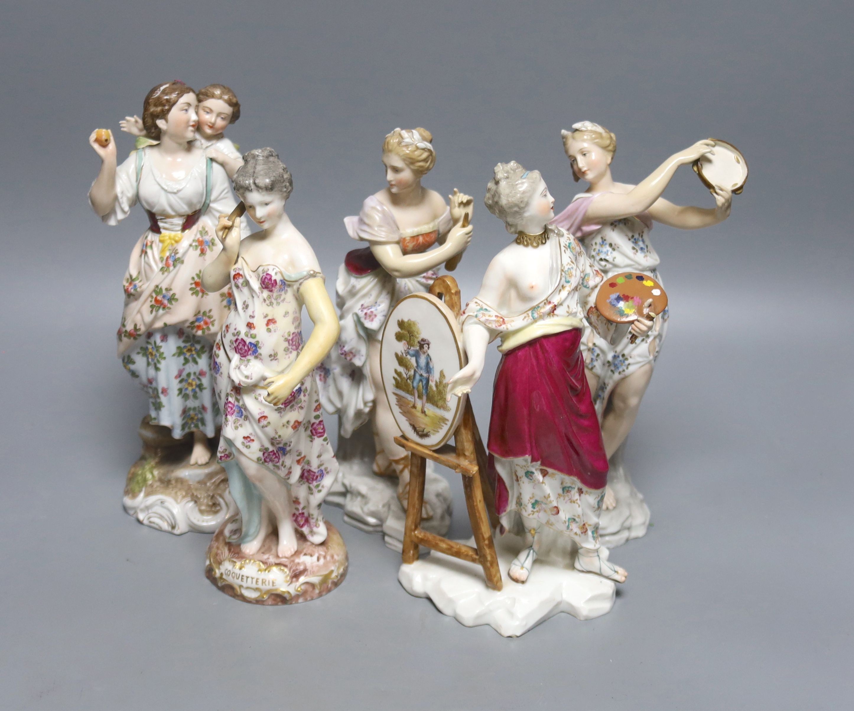 A pair of German musical figurines and three other similar figurines, tallest 23cm